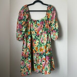 Sanctuary Women’s Weekender Babydoll Tiered Square Neck Green Floral Dress Sz L